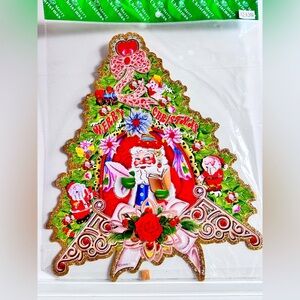 Vintage Glitter Santa Christmas Tree Wall Decoration Large